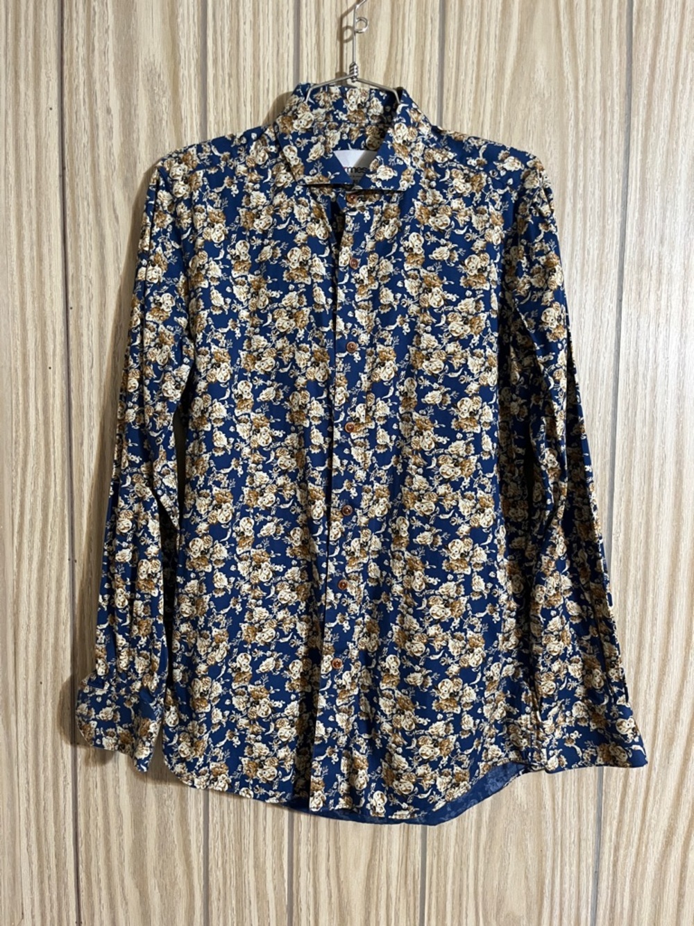 Men's Floral Button-Down Shirt in Navy and Tan